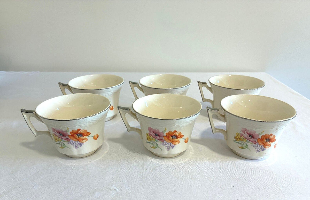 Vintage Ivory China Teacups with Platinum Trim, Set of 6 | Poppy Floral Pattern