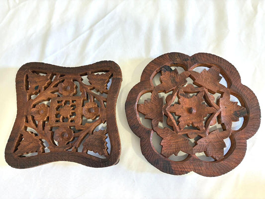 Vintage Hand Carved Wooden Trivets Set of 2 Floral Leaf Hot Pads Rustic Folk Art Kitchen Decor