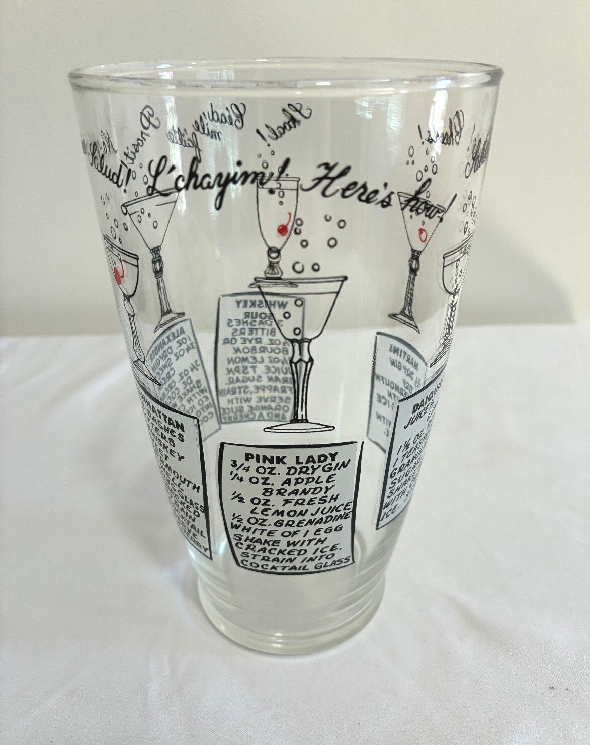 Vintage Glass Cocktail Shaker with Printed Drink Recipes