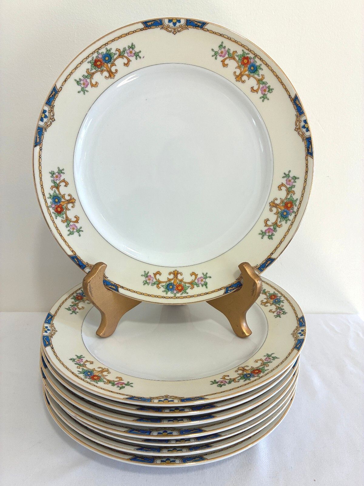 Vintage Meito Warren Dinner Plates, Set of 7, Floral China, Blue and Gold Border
