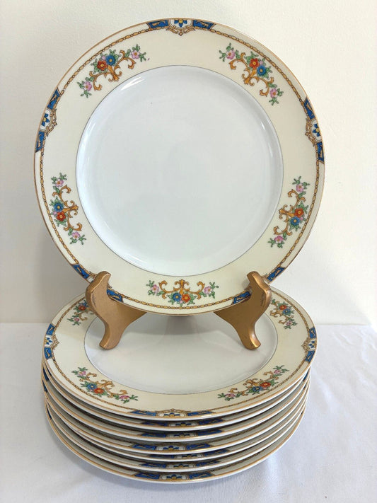 Vintage Meito Warren Dinner Plates, Set of 7, Floral China, Blue and Gold Border