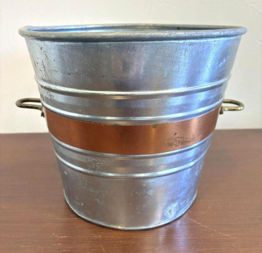 Vintage Metal Ice Bucket Made in India, Rustic Farmhouse Copper Band with Brass