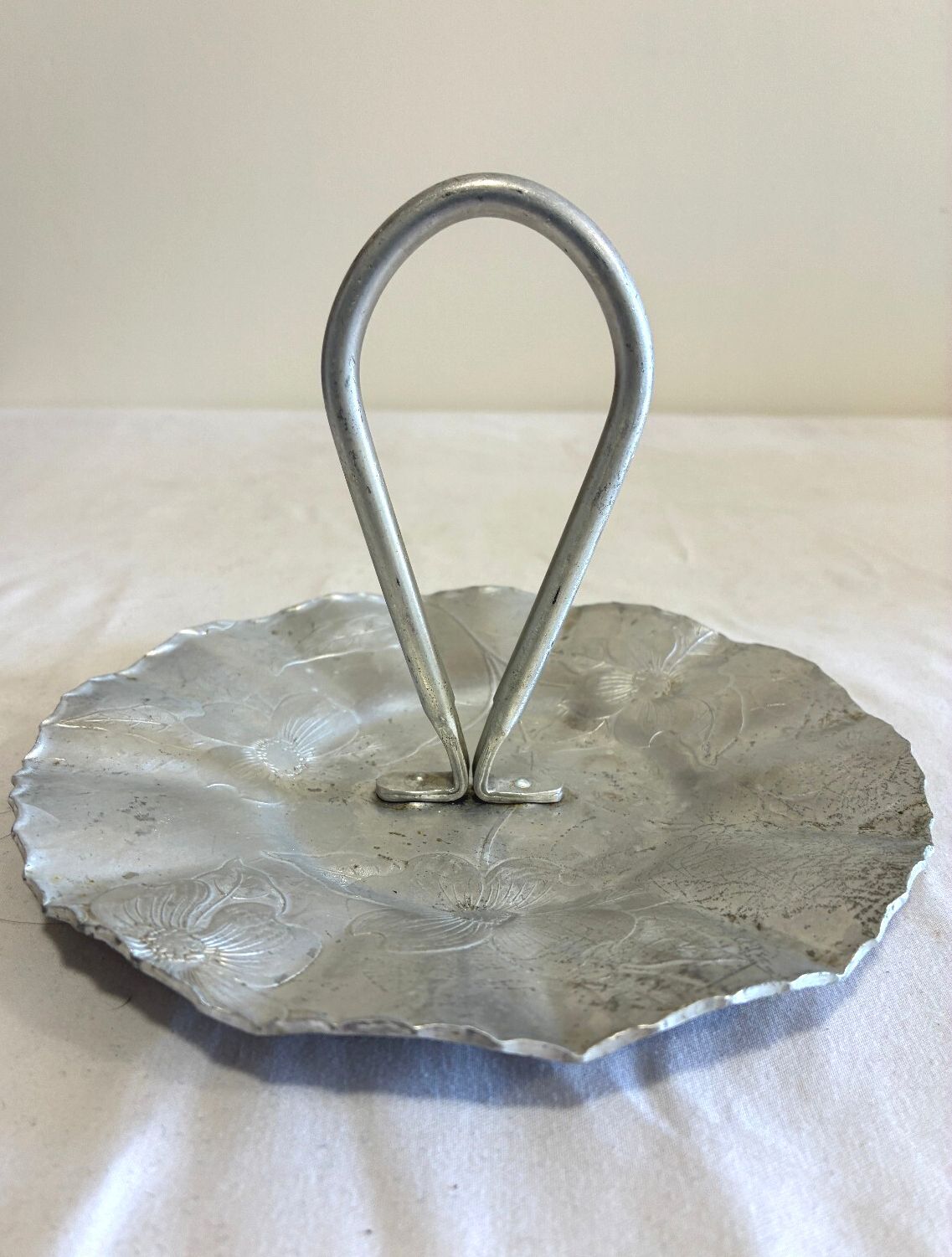 Vintage Hand Wrought Aluminum Handled Tray | Floral Hammered Serving Dish