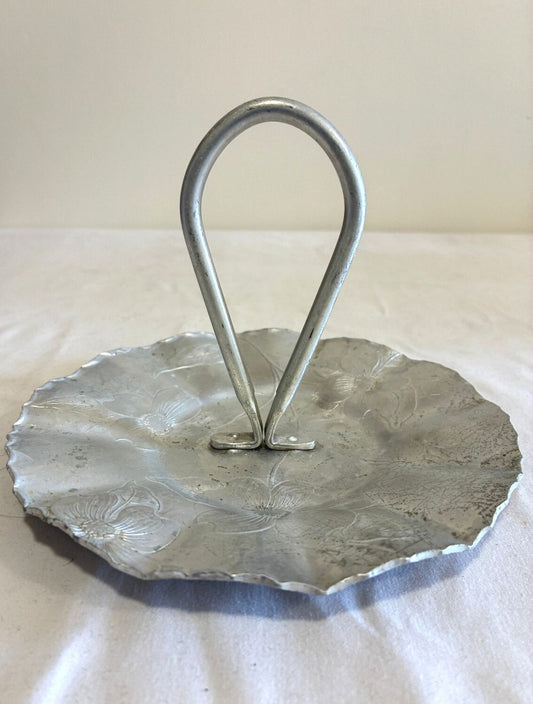 Vintage Hand Wrought Aluminum Handled Tray | Floral Hammered Serving Dish