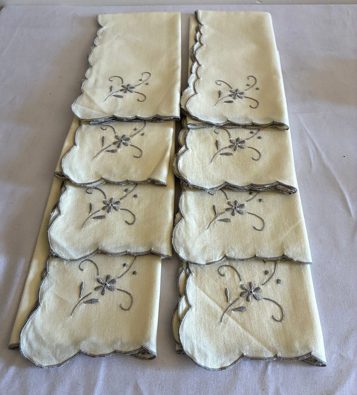 Vintage Ivory Cotton Napkins Set of 8 | Gray Embroidered Floral Scalloped Edge