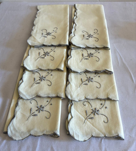 Vintage Ivory Cotton Napkins Set of 8 | Gray Embroidered Floral Scalloped Edge