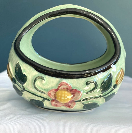 Vintage Japan Ceramic Basket Hand Painted Flowers Green with Black Edge 4"