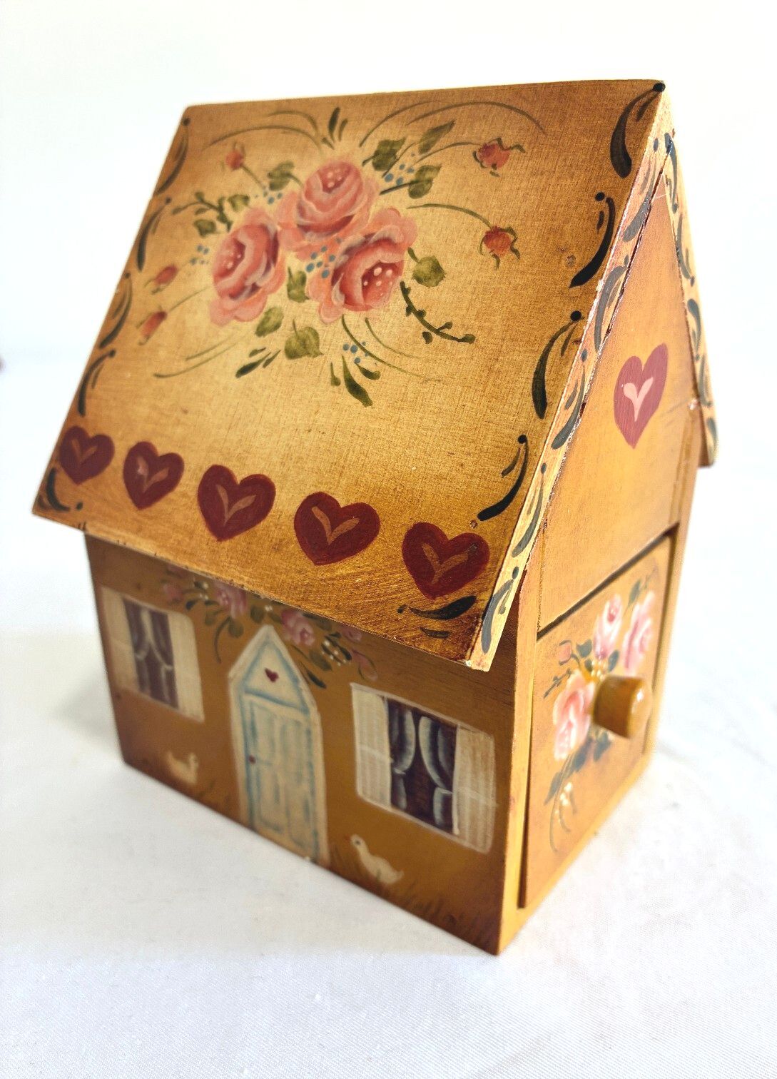 Vintage Hand Painted Wooden House Box with Drawer | Folk Art by Janet Lee