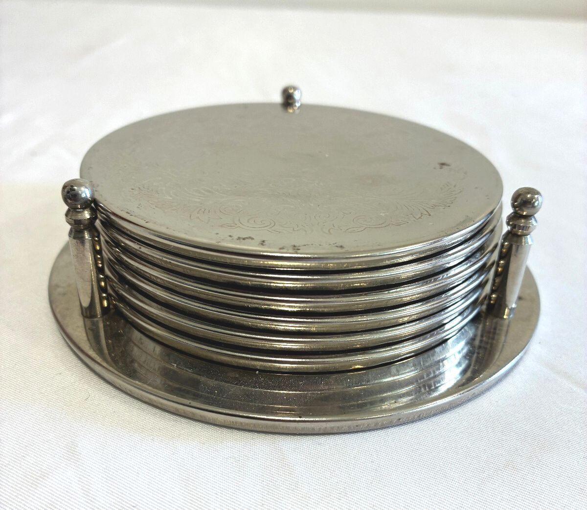 Vintage Set of 6 Silver Coasters with Holder Engraved Floral