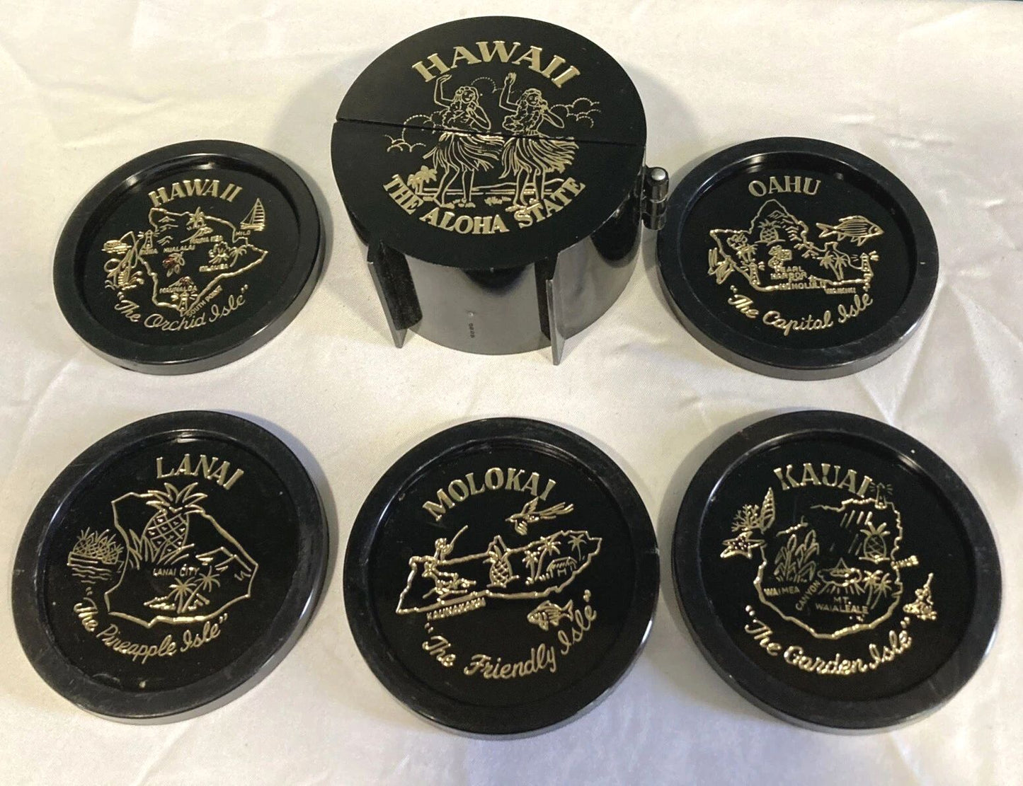 Vintage Black Plastic Hawaii Islands Coasters Set of 5 Round