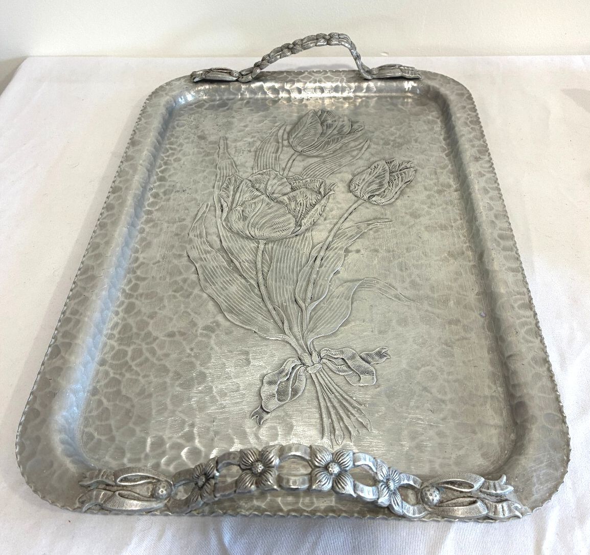 Vintage Rodney Kent Hand Wrought Hammered Aluminum Tray | Tulip Design Serving Tray | Vintage Finds Mid Century Barware