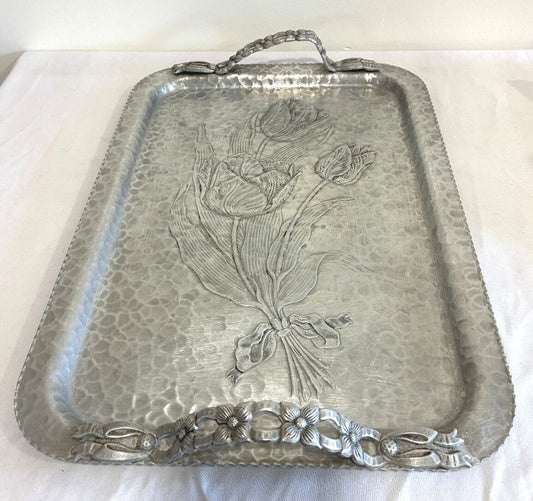 Vintage Rodney Kent Hand Wrought Hammered Aluminum Tray | Tulip Design Serving Tray | Vintage Finds Mid Century Barware