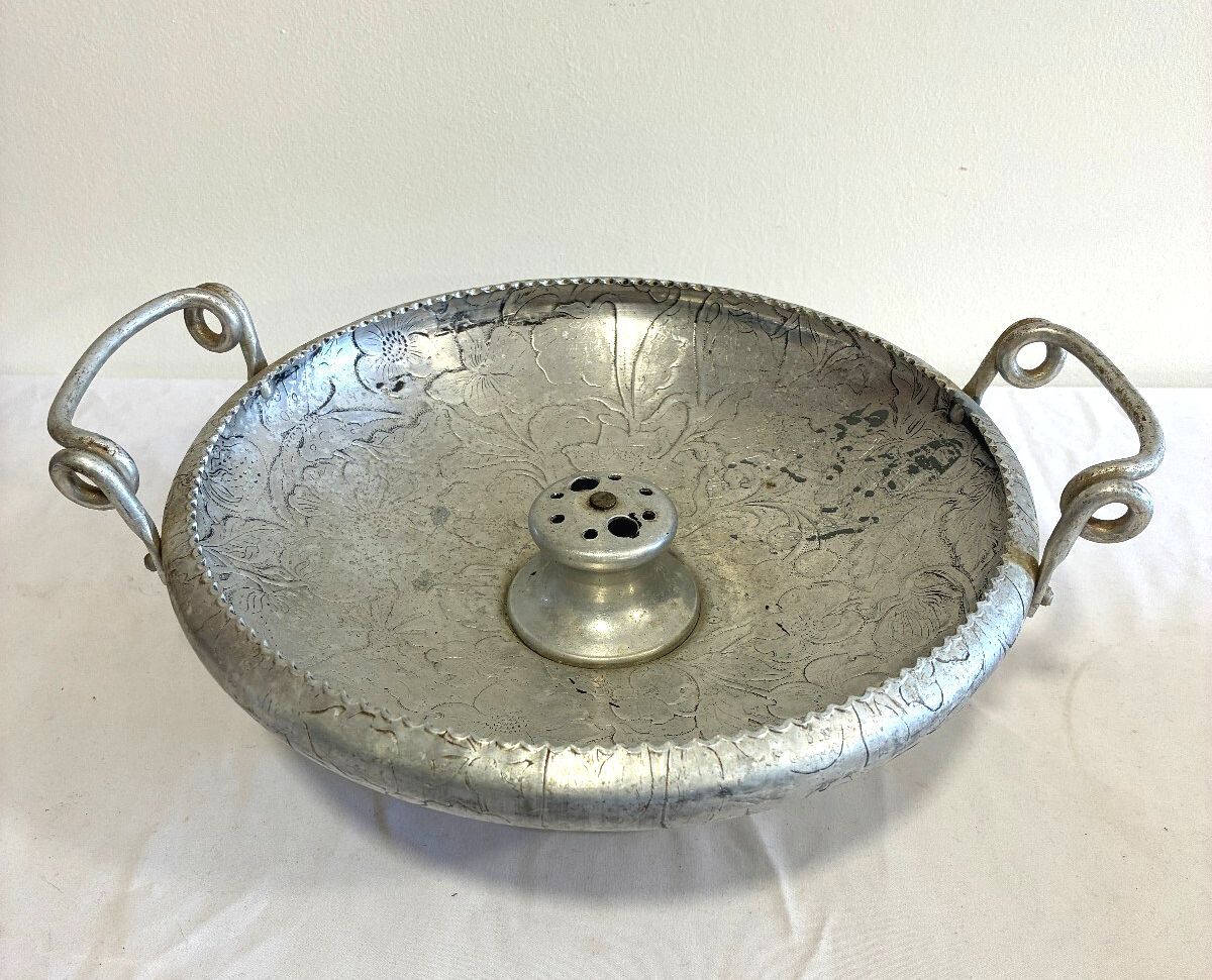 Vintage Hammered Aluminum Nutcracker Bowl,Etched Floral Handled Centerpiece Bowl
