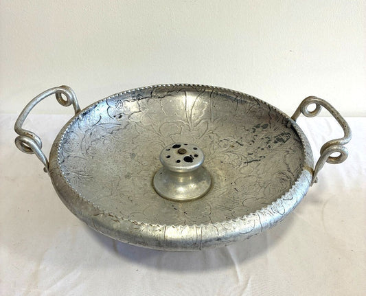Vintage Hammered Aluminum Nutcracker Bowl,Etched Floral Handled Centerpiece Bowl