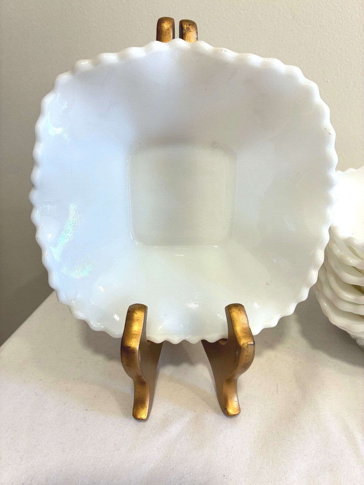 Vintage Milk Glass Ruffled Bowls Set of 8 | Quilted Diamond Pattern White Glass