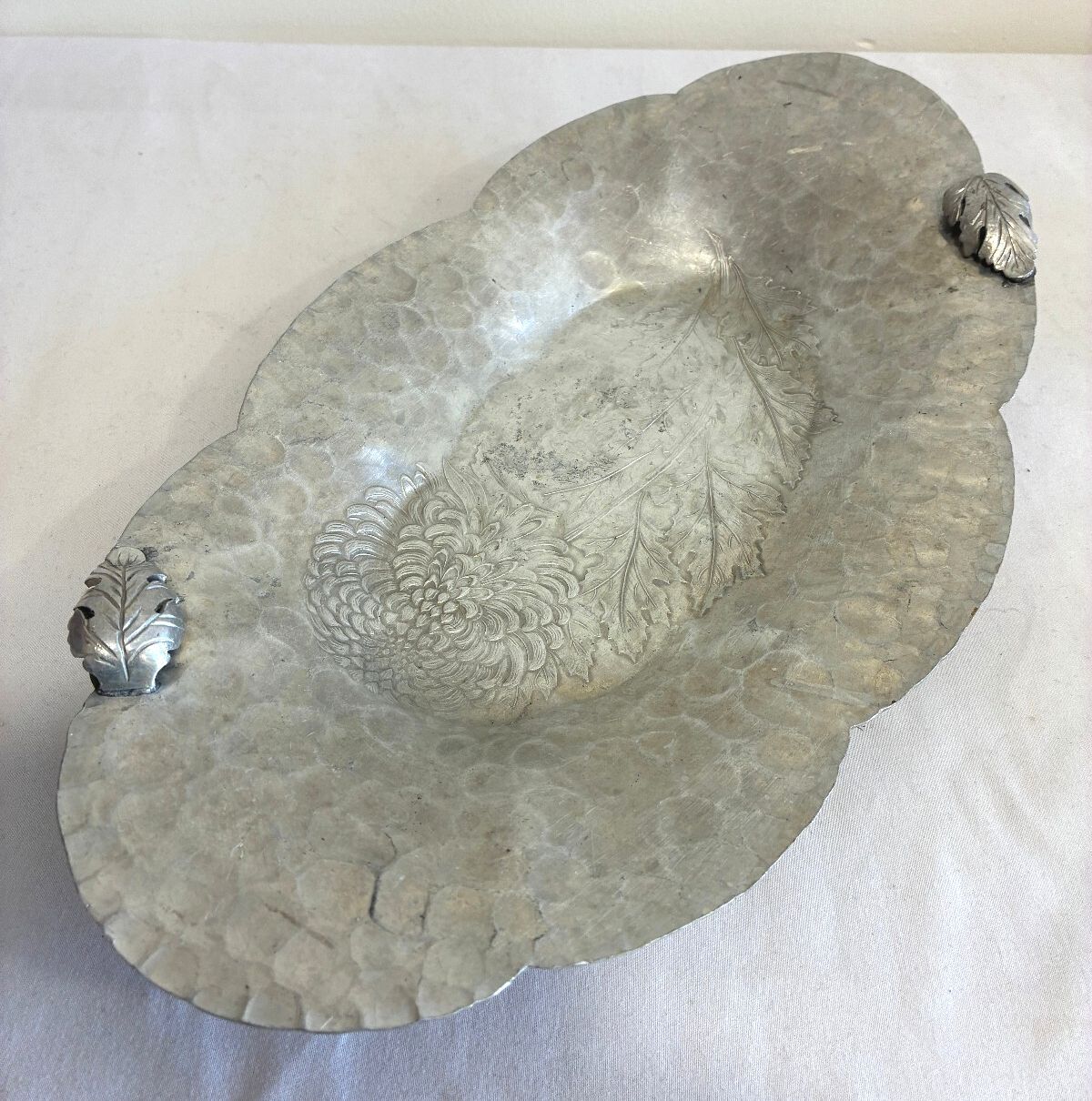 Vintage Continental Hand Wrought Aluminum Tray | Chrysanthemum Leaf Serving Dish