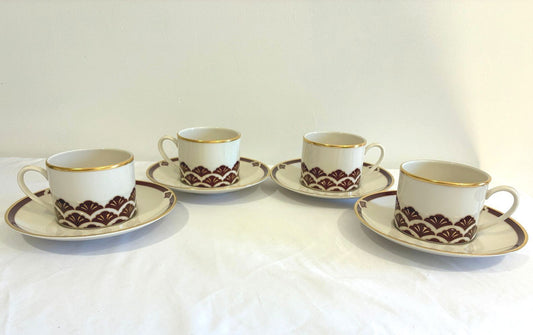 Vintage Pickard Ensemble Burgundy Cups & Saucers Set of 4 | Gold Trim, USA