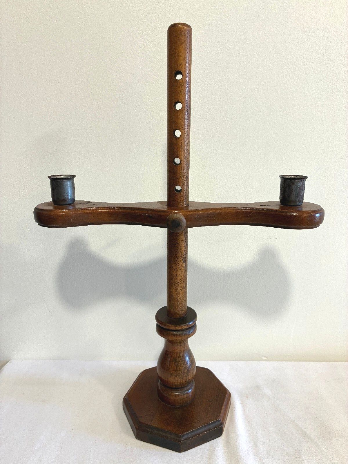 Vintage Wooden Adjustable Height Double Candlestick Holder | Rustic Turned Wood