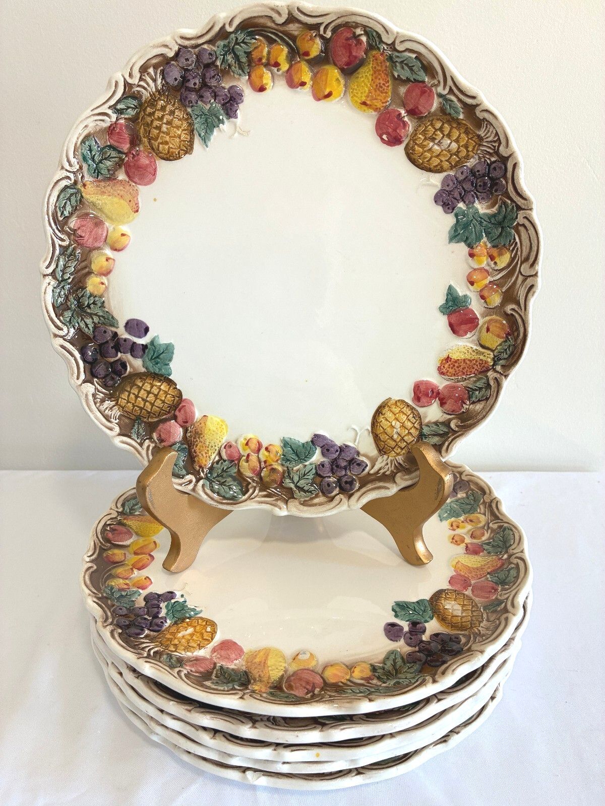 Vintage Lefton Majolica Style Fruit Border Dinner Plates, Set of 6 | Japan