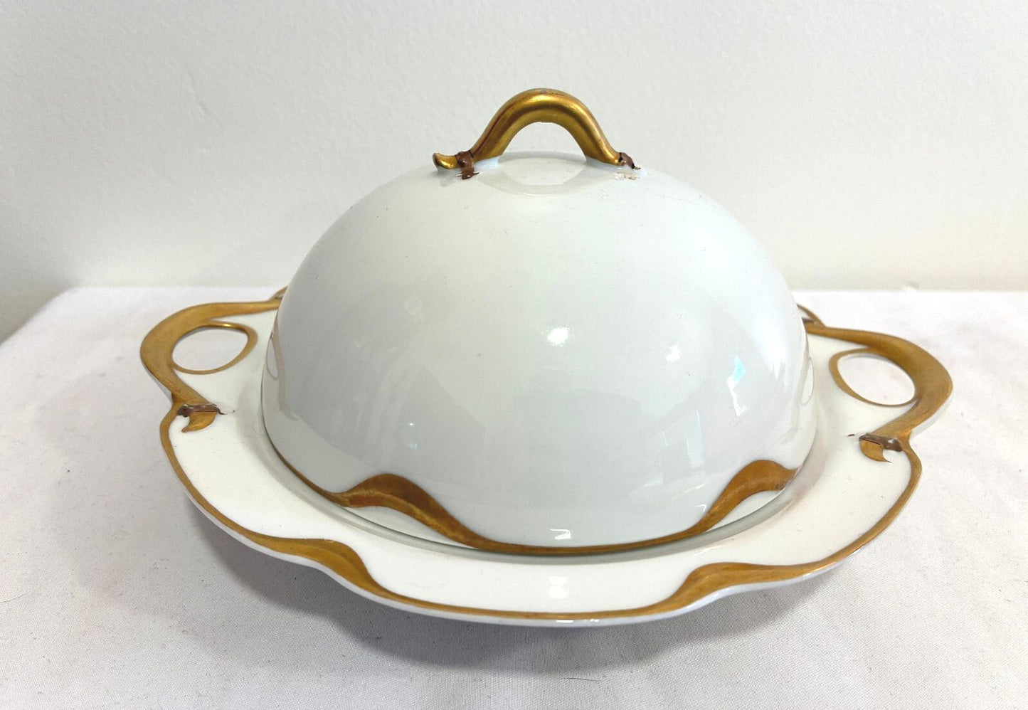 Antique Haviland & Co Limoges Domed Butter Dish | Gold Gilt Handles, France