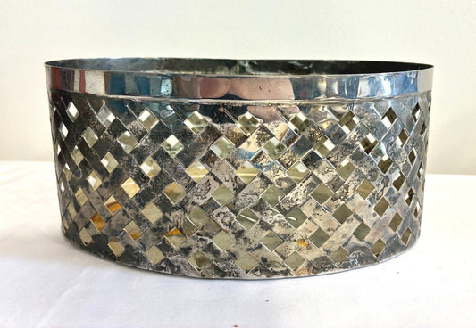 Vintage International Silver Pierced Silverplate Basket, Lattice Serving Basket, Decorative Centerpiece Bowl, Hollywood Regency Decor