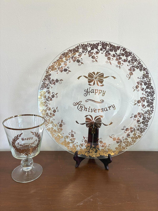 Vintage Happy Anniversary Glass Plate and Goblet Set Gold Floral Decor