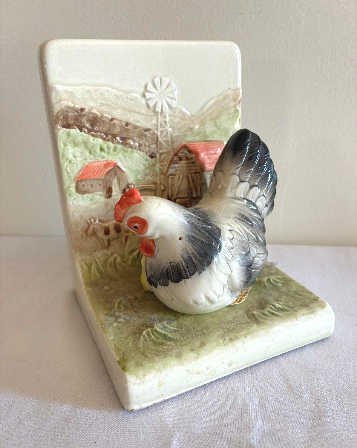 Vintage Otagiri Ceramic Hen Bookend | Hand-Painted Farmhouse Scene Chicken