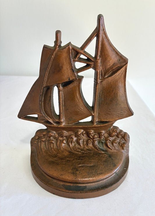 Vintage Cast Iron Sailing Ship Bookend | Copper-Tone Nautical Decor |
