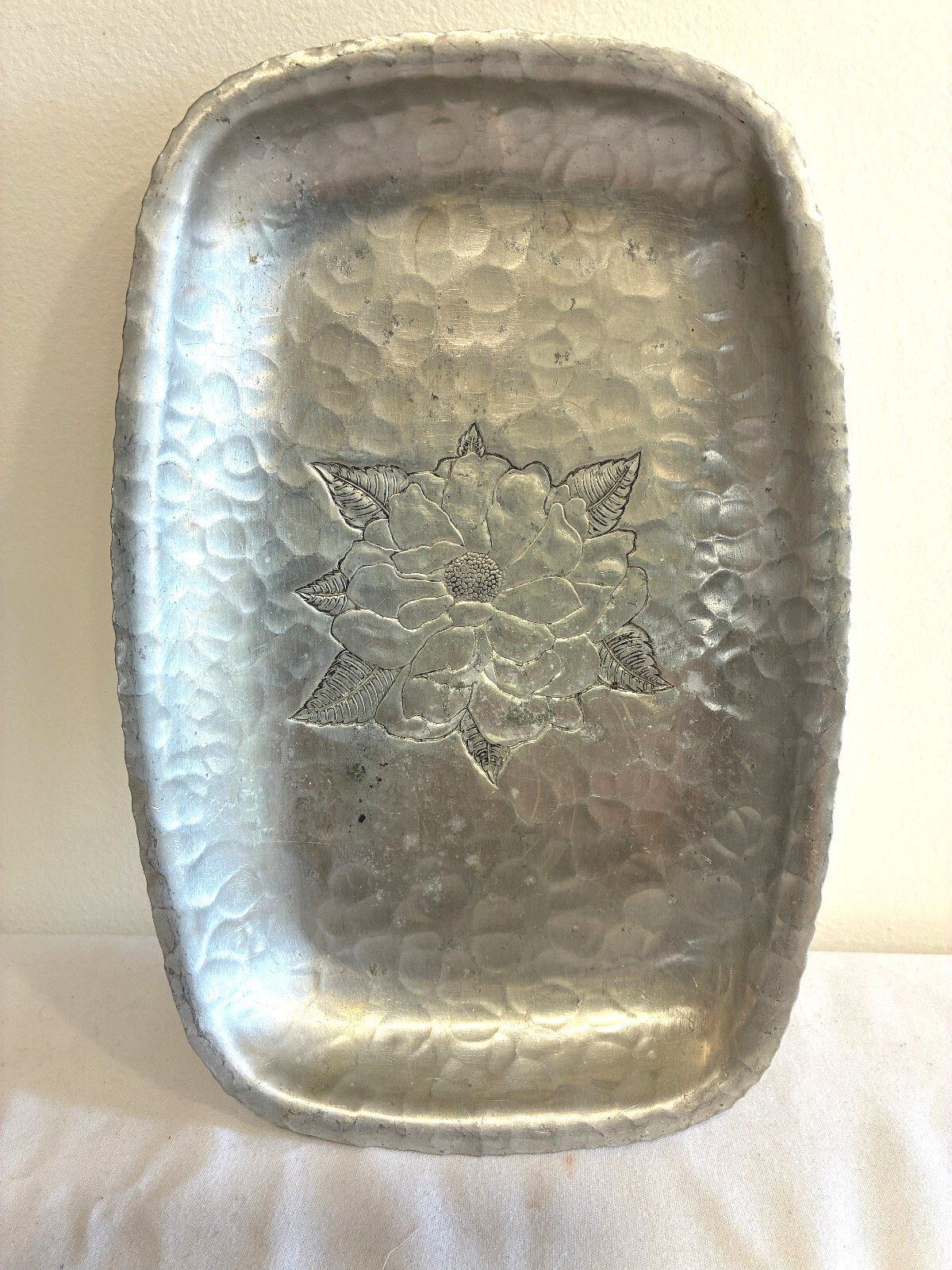 Vintage Farberware Wrought Aluminum Tray | Etched Flower Hammered Serving Dish