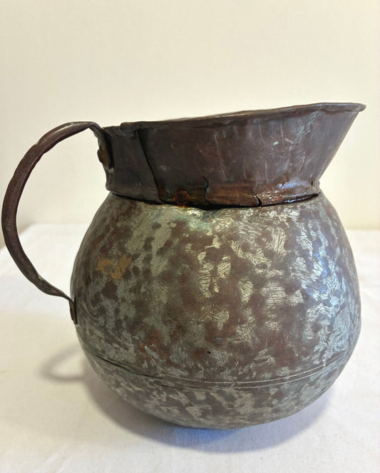 Antique Hand Hammered Copper and Tin Pitcher | Rustic Primitive Water Jug