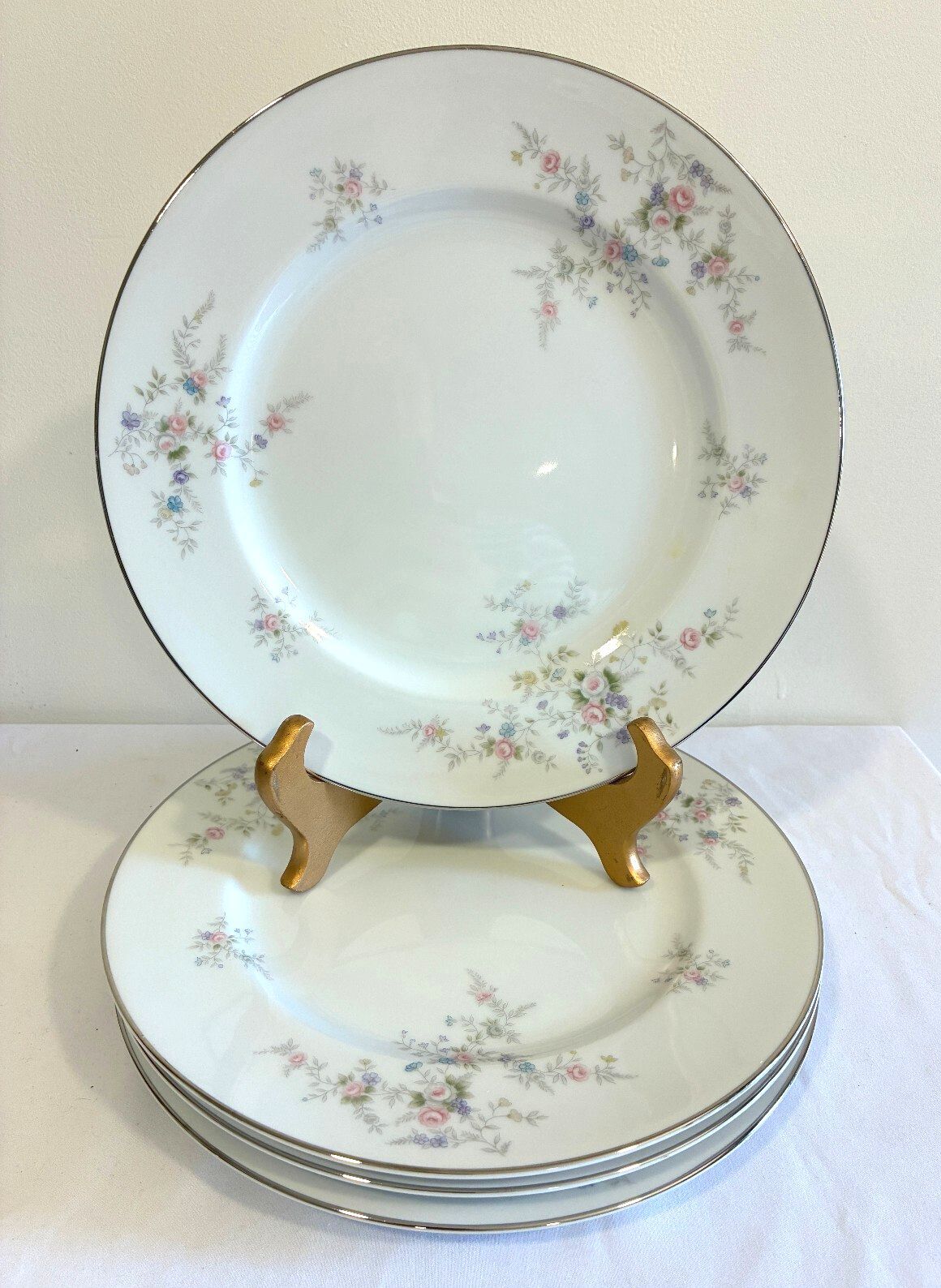 Vintage Wyndham Cambric Fine China Dinner Plates Set of 4 Platinum Rim, Japan