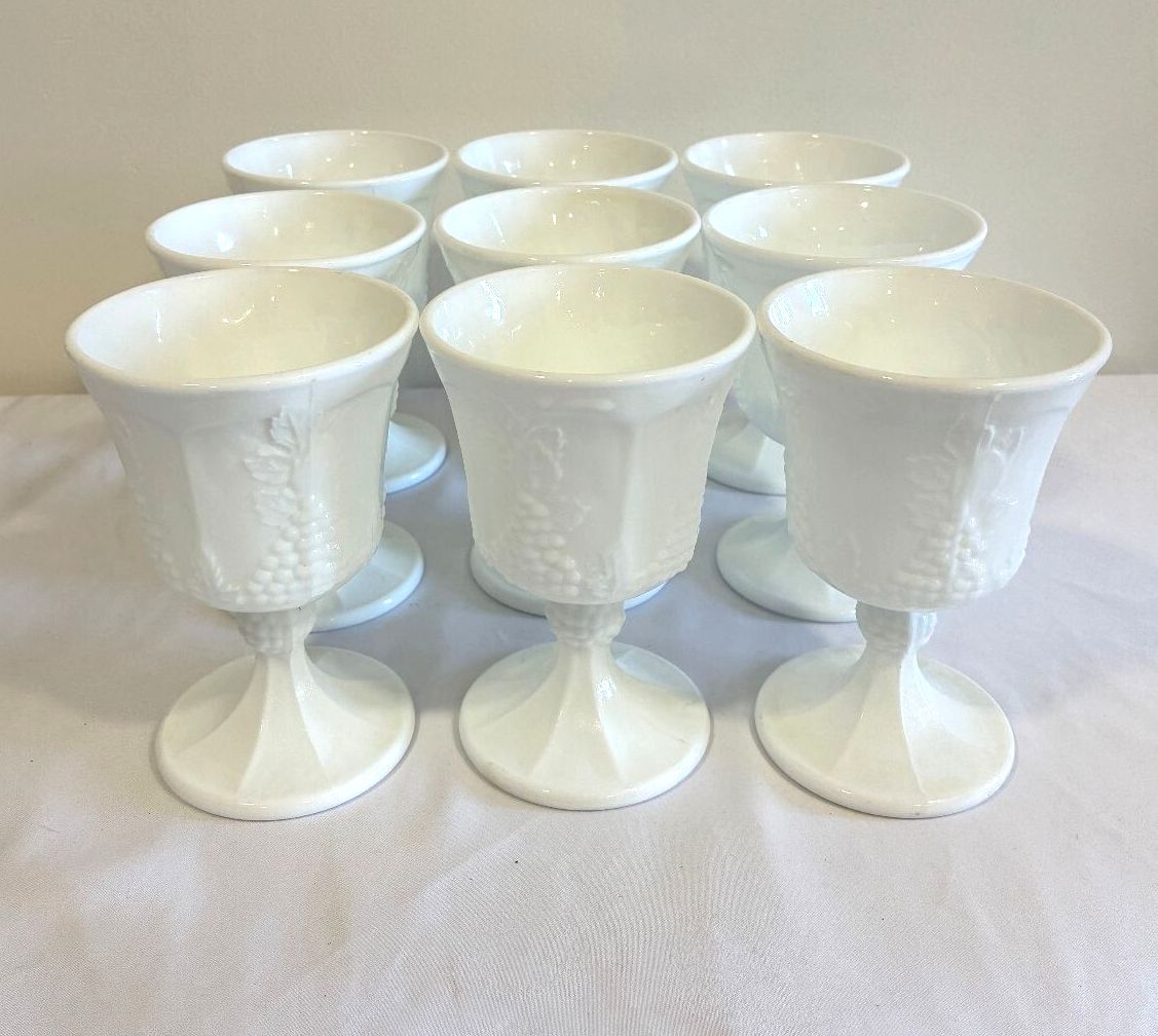 Vintage Milk Glass Goblets Set of 9, White Grape Vine Pattern w/ Pedestal Base