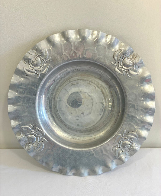 Vintage Hammered Aluminum Bowl | Hand Chased Rose Design Ruffled Rim
