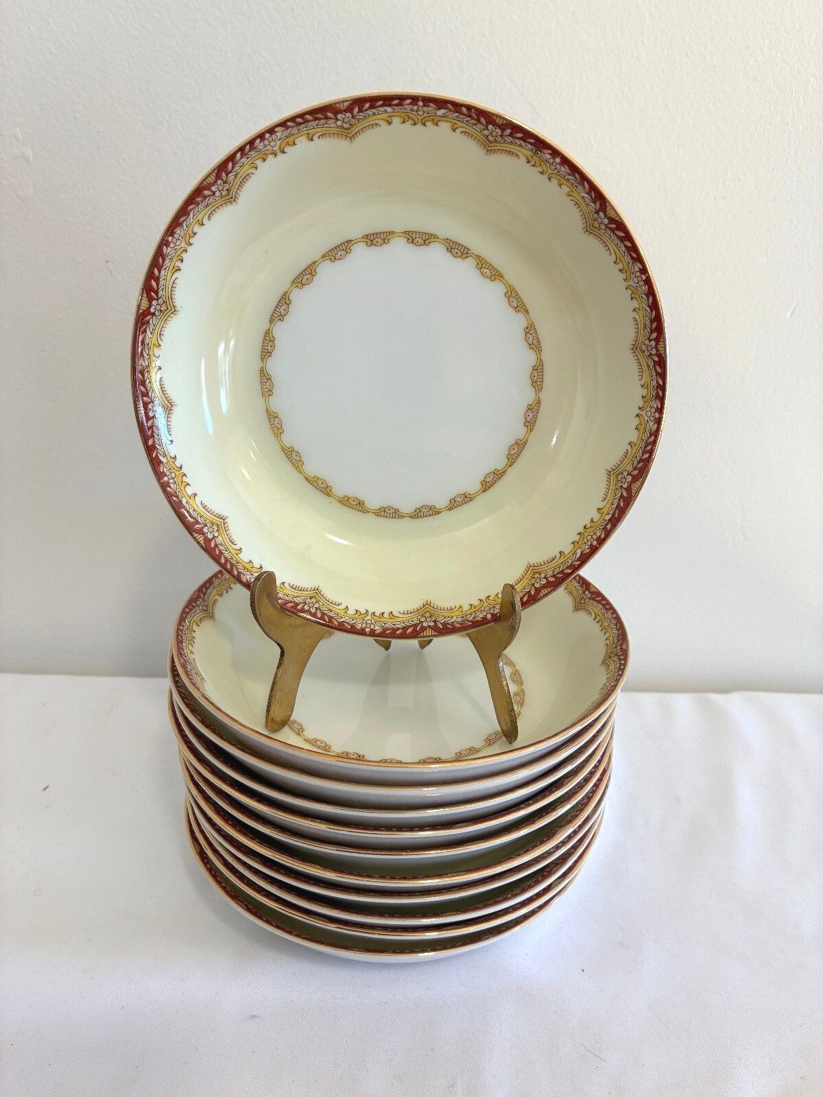 Vintage Set of 11 Meito China Celestine Fruit Bowls, Rust and Gold Border