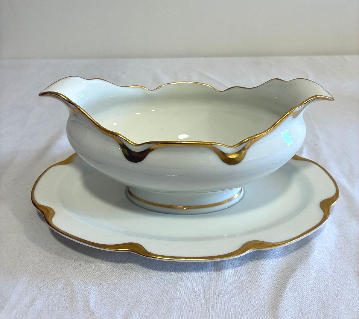 Antique Haviland & Co Limoges Gravy Boat with Gold Rim, French Porcelain