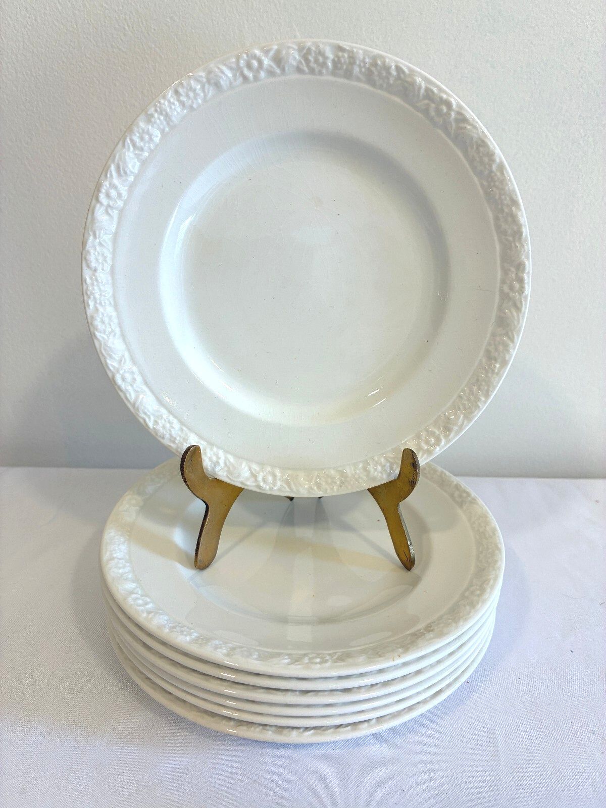 Vintage Wedgwood Hedge Rose Bread Plates Set of 7 White Embossed English China