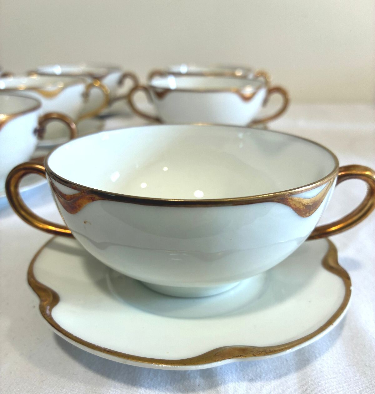 Antique Haviland & Co Gold Rim Bouillon Cups & Saucers Set of 9 French Porcelain