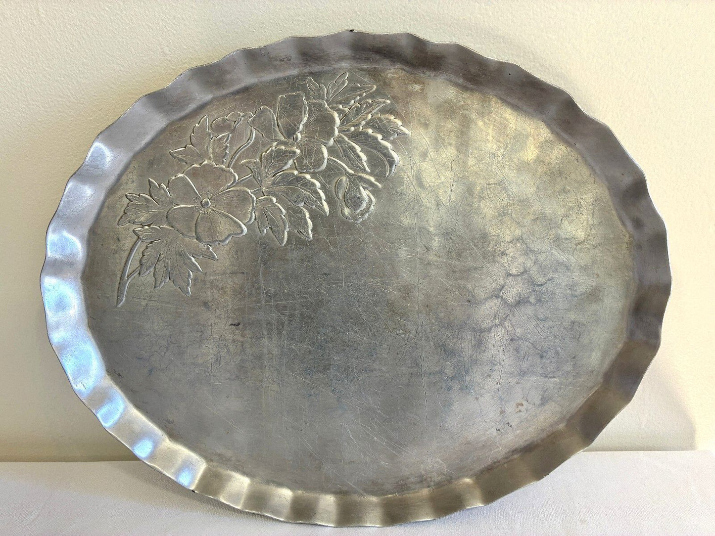 Vintage Hammered Aluminum Oval Tray | Hand Chased Peony Flower Design