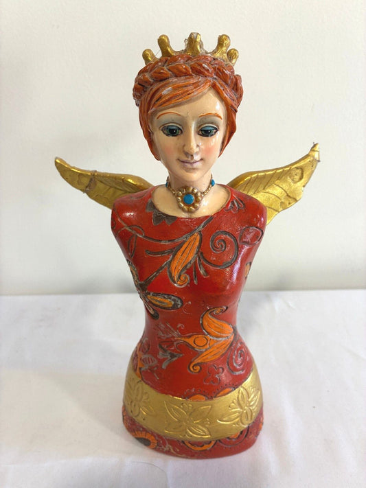 Vintage Angel Figurine Bust with Crown Wings Folk Art Style