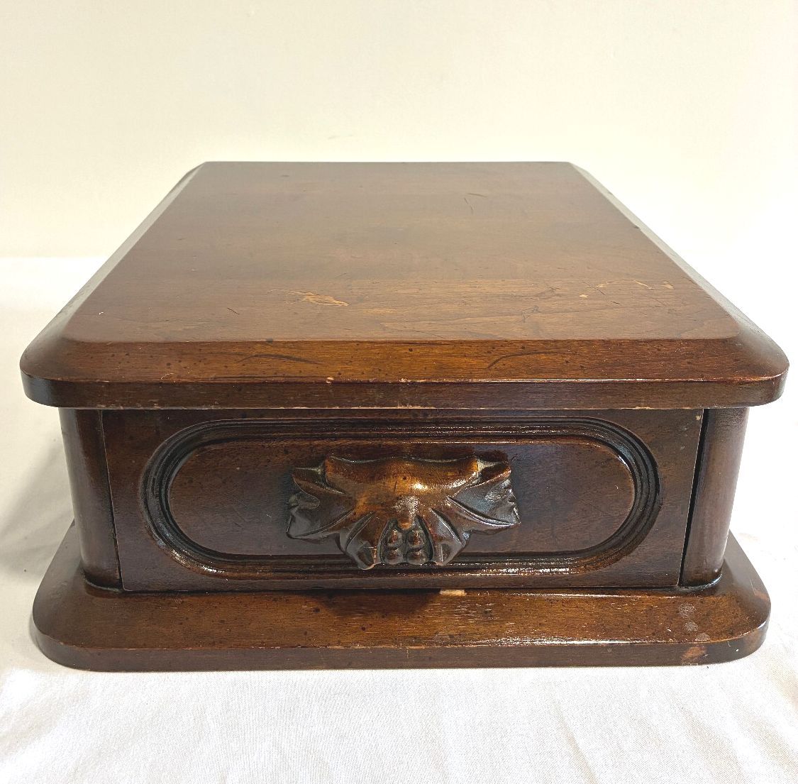 Vintage Davis Cabinet Company Wooden Box with Drawer, Antique Cherry Finish, Carved Leaf Pull, Nashville Tennessee