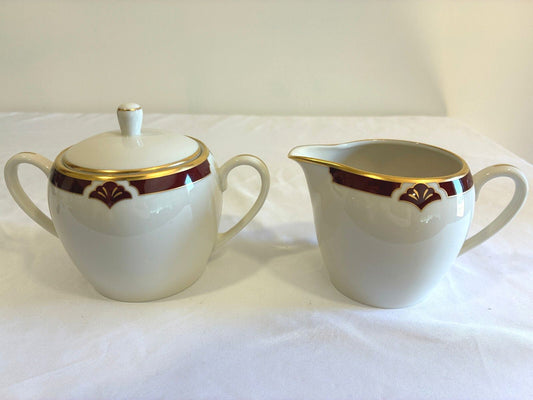 Vintage Pickard Ensemble Burgundy Sugar Bowl & Creamer| Hand Decorated USA