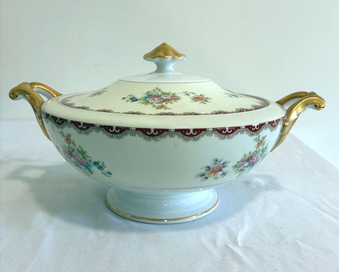 Vintage Meito China Celestine Covered Dish, Serving Tureen with Gold Handles