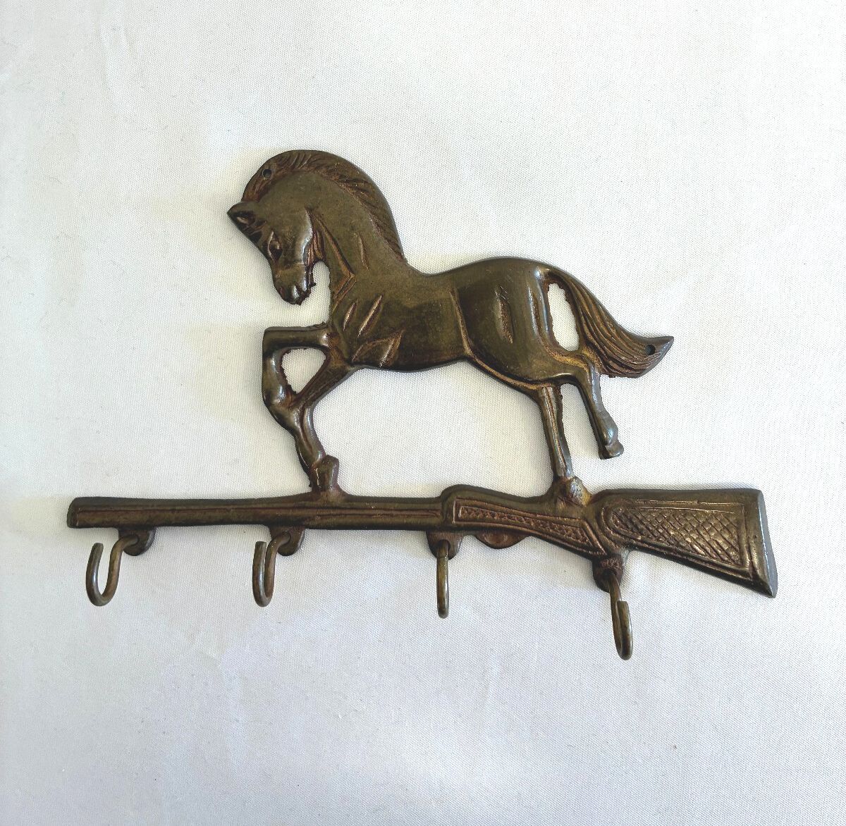 Vintage Brass Horse Key Hook, 4 Hook Wall Rack with Horse & Rifle Western Design