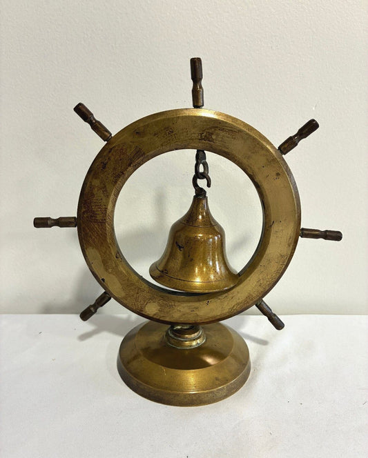 Vintage Brass Ship Wheel Bell on Stand, Nautical Desk or Counter Bell, India