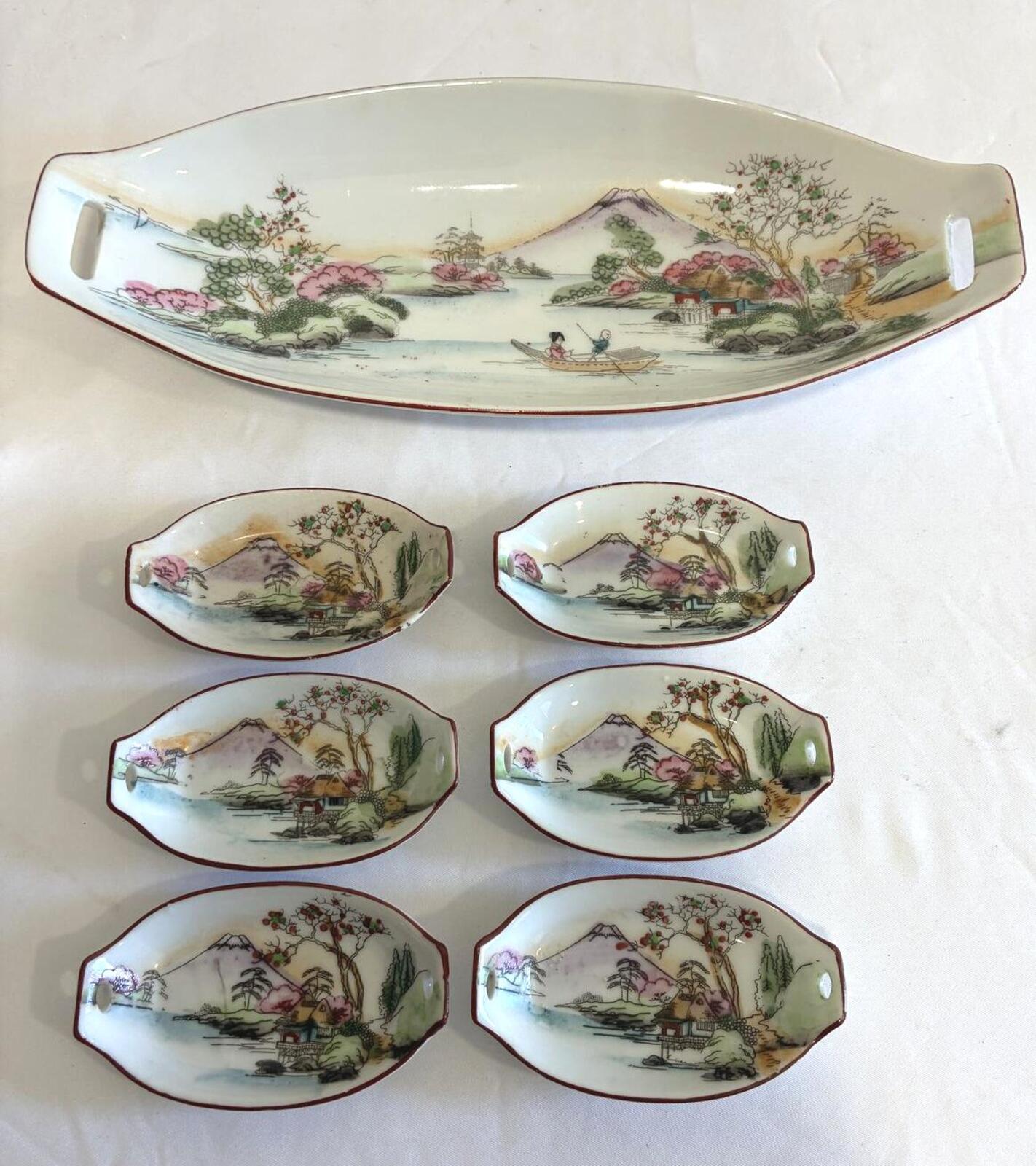 Vintage Japanese Sushi Serving Set, Hand Painted Mount Fuji Sushi Tray, Made in Japan Porcelain, Sushi Dipping Dishes, Vintage Finds