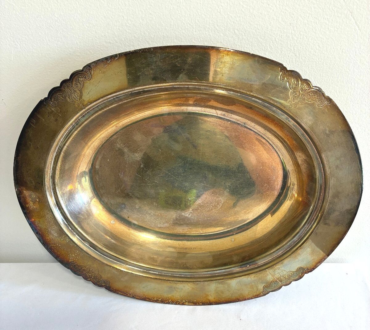 Vintage Silverplate Oval Serving Bowl Ornate Scalloped Tray