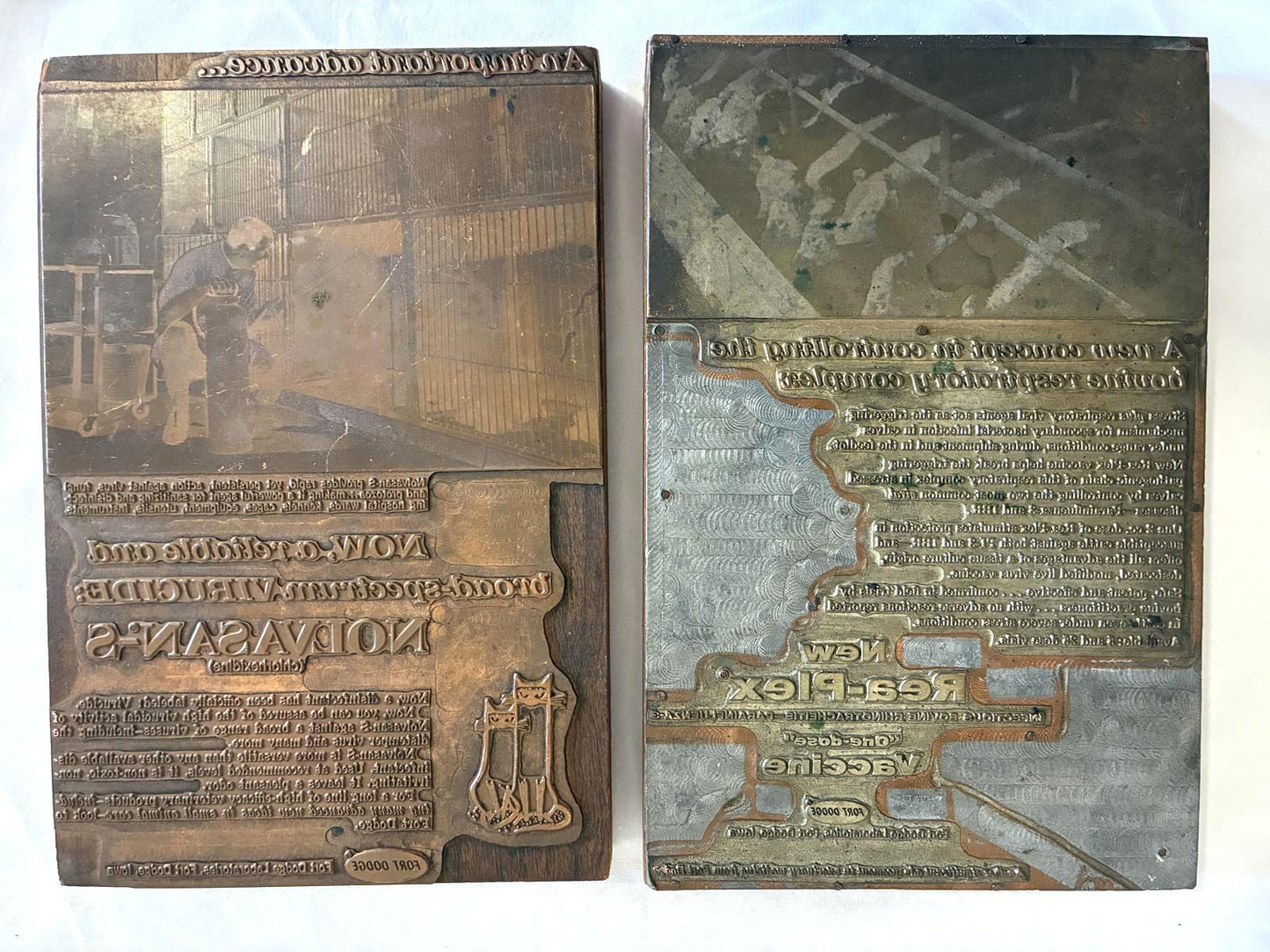 Pair of antique advertising letterpress printing plates mounted on wood blocks featuring metal printing surfaces with typography and image engraving, displaying authentic industrial patina and vintage printing history.