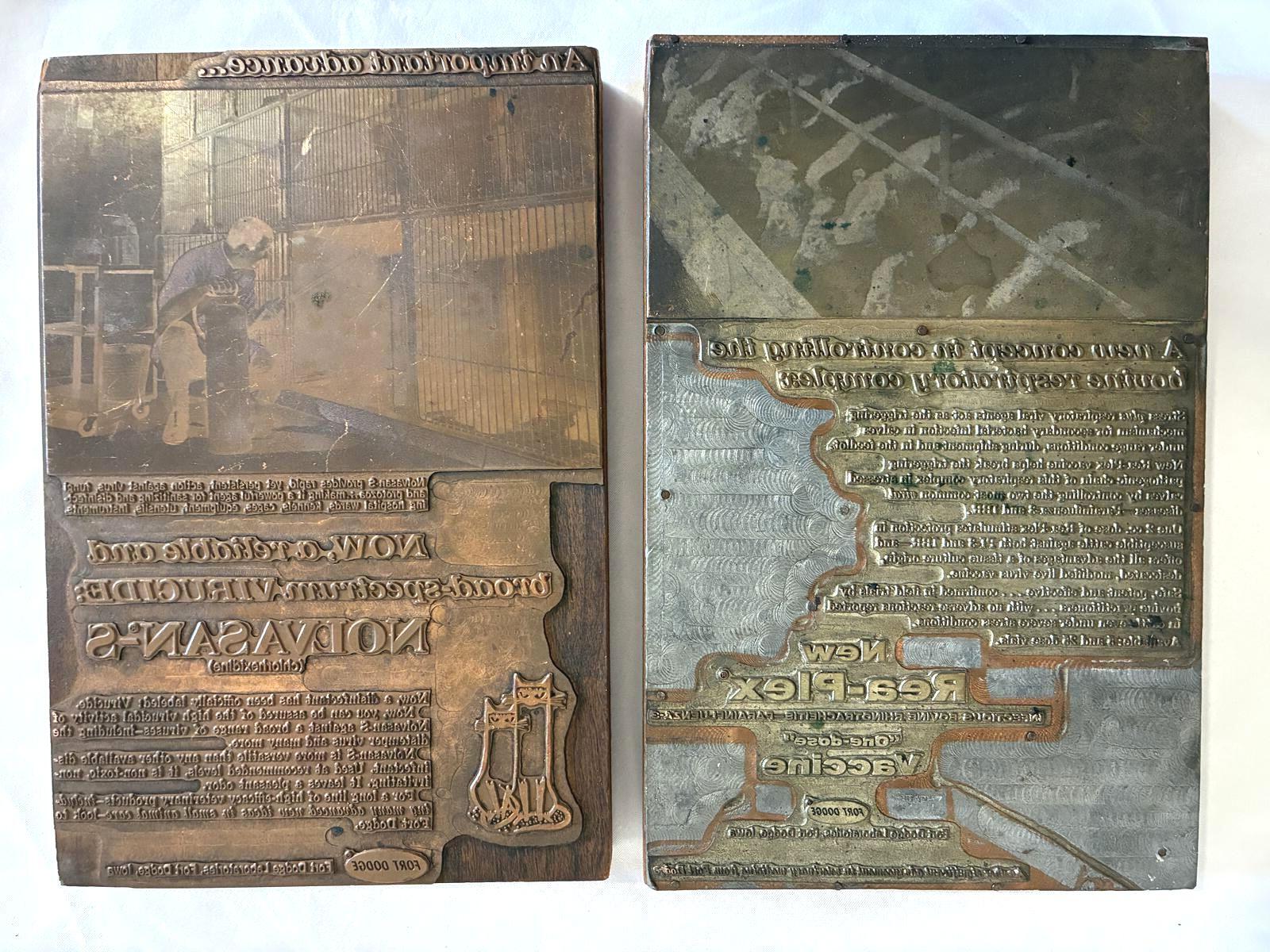 Pair of antique advertising letterpress printing plates mounted on wood blocks featuring metal printing surfaces with typography and image engraving, displaying authentic industrial patina and vintage printing history.