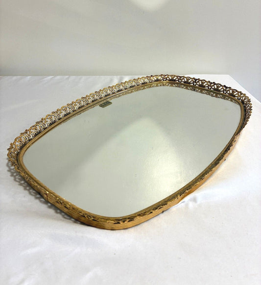 Vintage Matson 24K Gold Plated Mirror Vanity Tray, Filigree Hollywood Regency