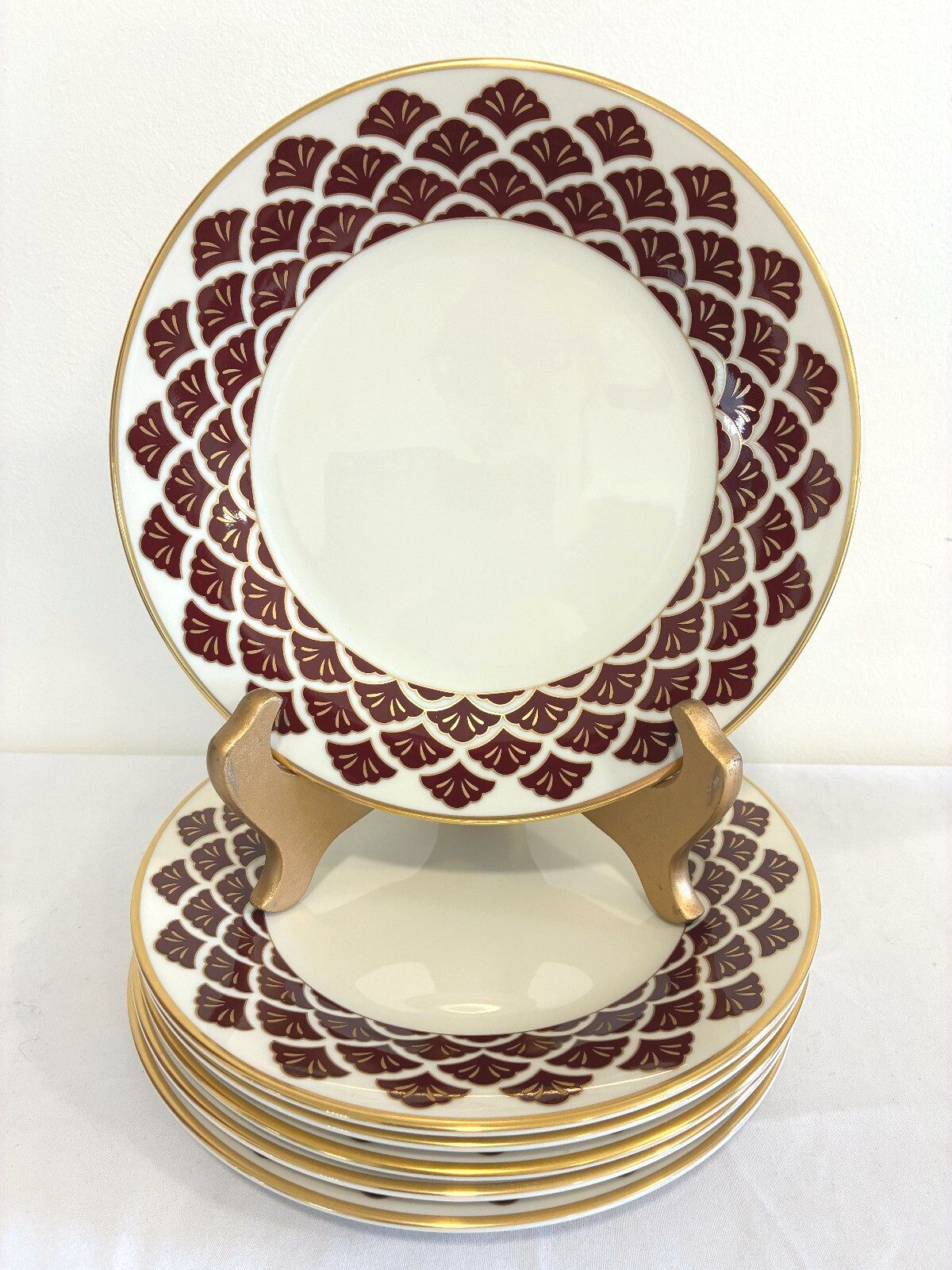 Vintage Pickard Ensemble Fine China Salad Plates, Set of 8, Burgundy & Gold
